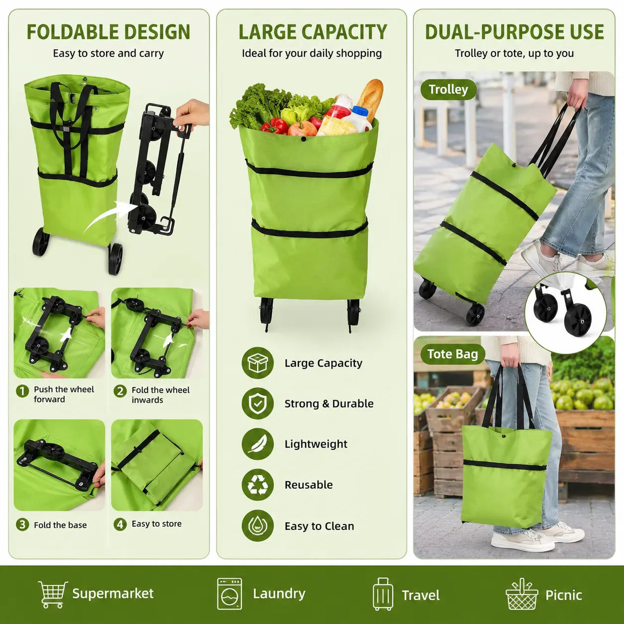 ⏳LAST DAY SALE 🔥2-in-1 Foldable Shopping Trolley Bag with Wheels 🛒